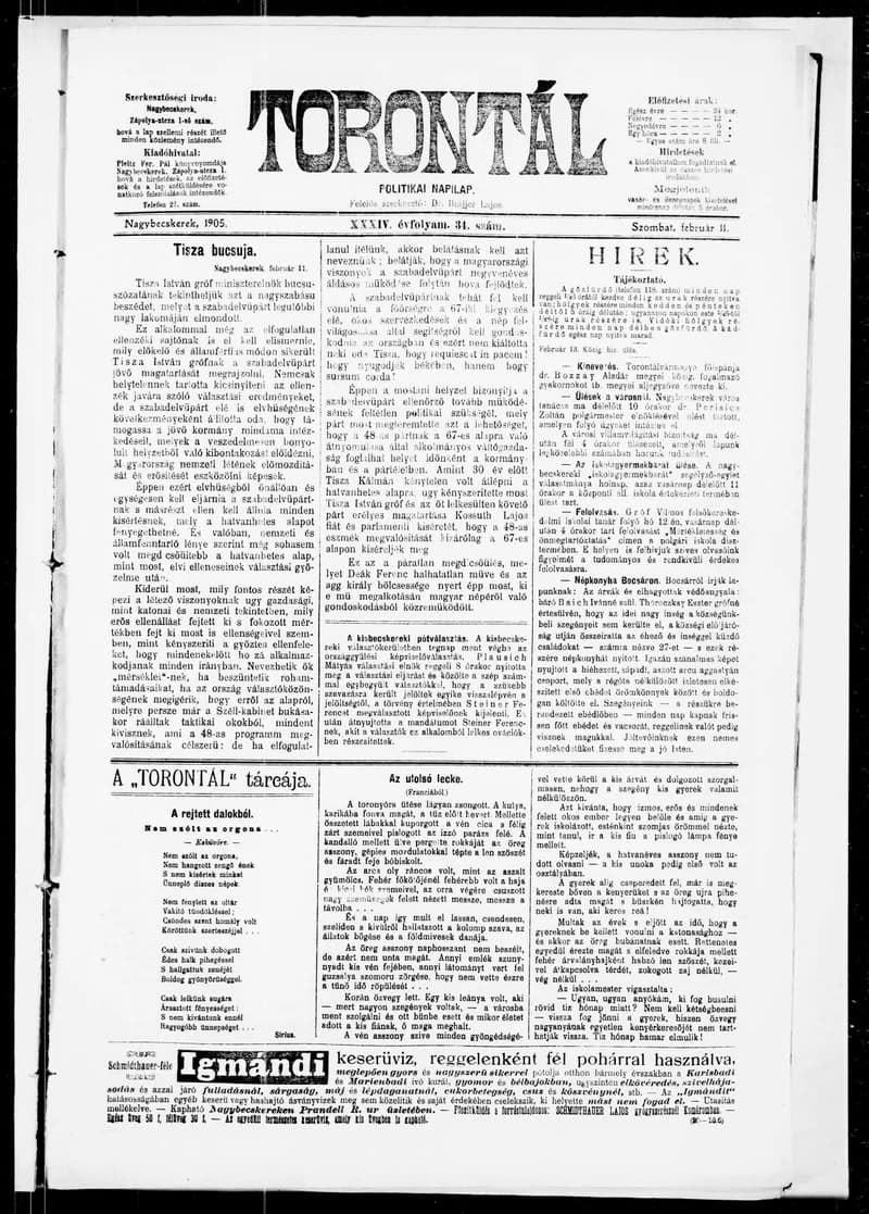 Torontál, 34. évf. 1905. február 11. 34. sz.