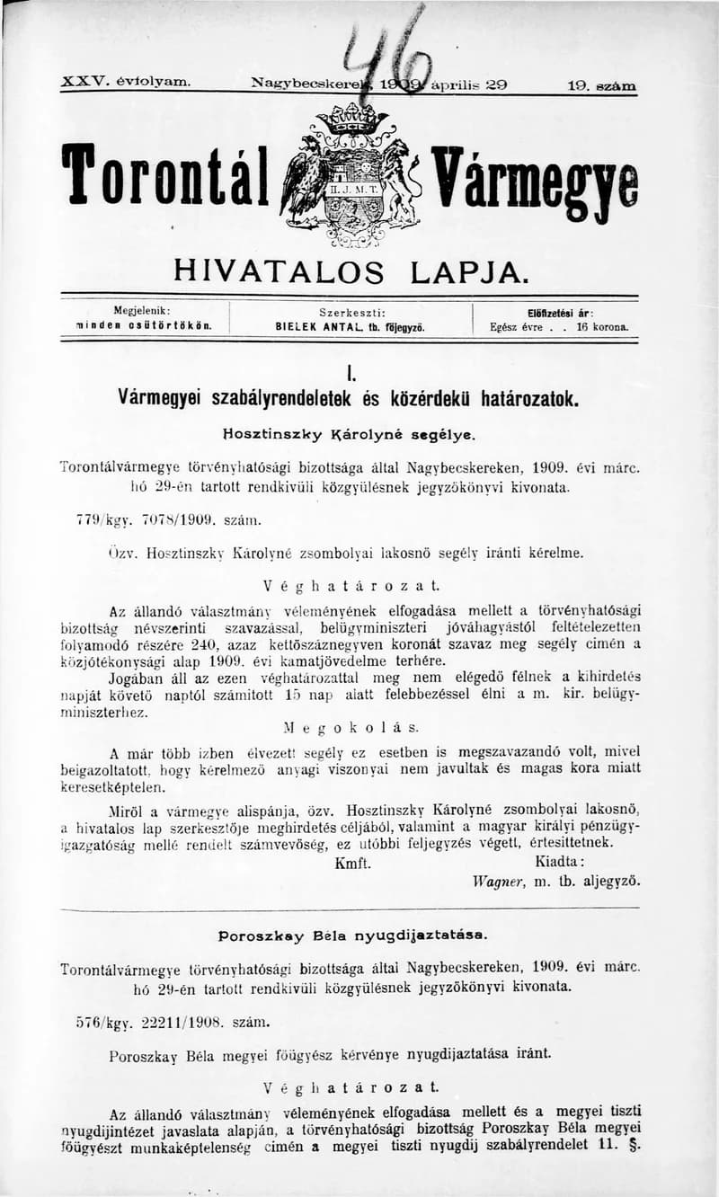 Torontál Vármegye Hivatalos Lapja, 25. évf. 1909. április 29. 19. sz.