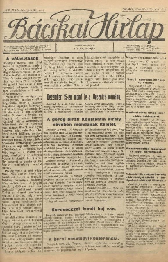 Bácskai Hirlap, 24. évf. 1920. november 28. 208. sz.