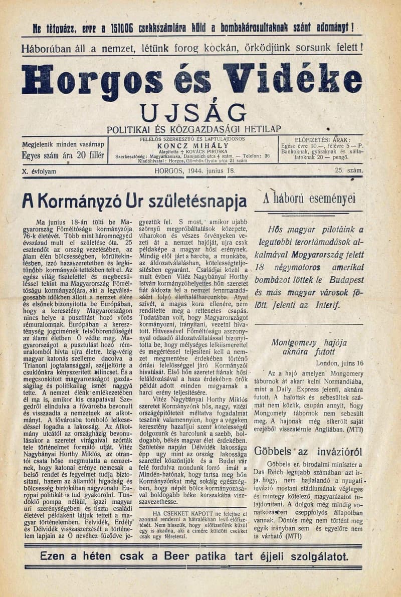 Horgos és vidéke, 9. évf. 1944. június 18. 25. sz.
