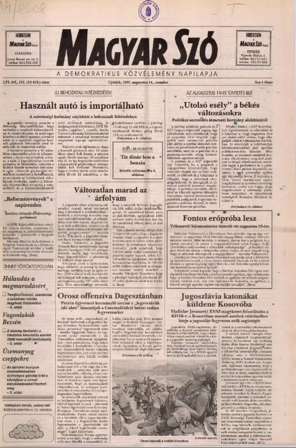 Magyar Szó, 56. évf. 1999. augusztus 14. 181. sz. 1–16. oldal