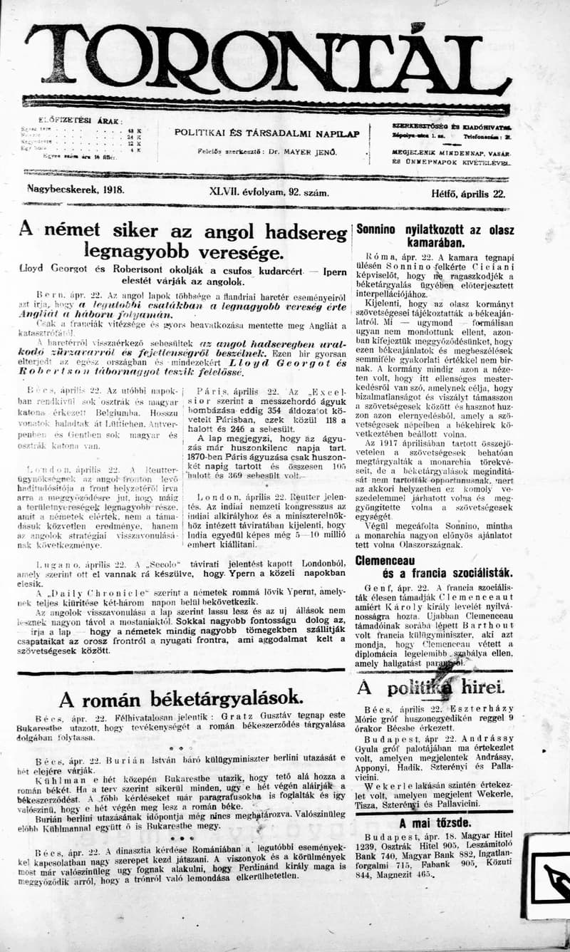 Torontál, 47. évf. 1918. április 22. 92. sz.