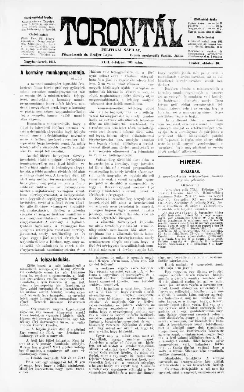 Torontál, 42. évf. 1913. október 10. 233. sz.