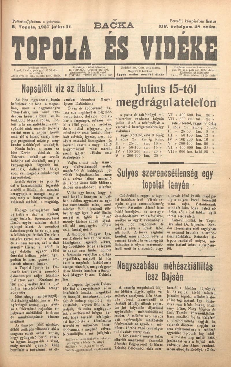Bačka Topola és Vidéke, 14. évf. 1937. július 11. 28. sz.
