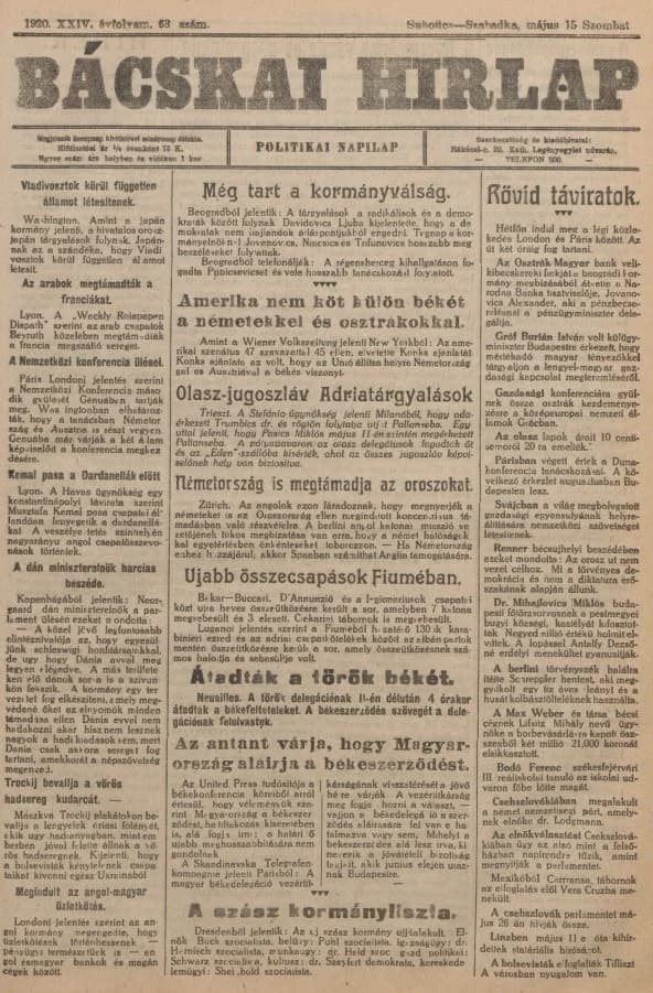 Bácskai Hirlap, 24. évf. 1920. május 15. 63. sz.