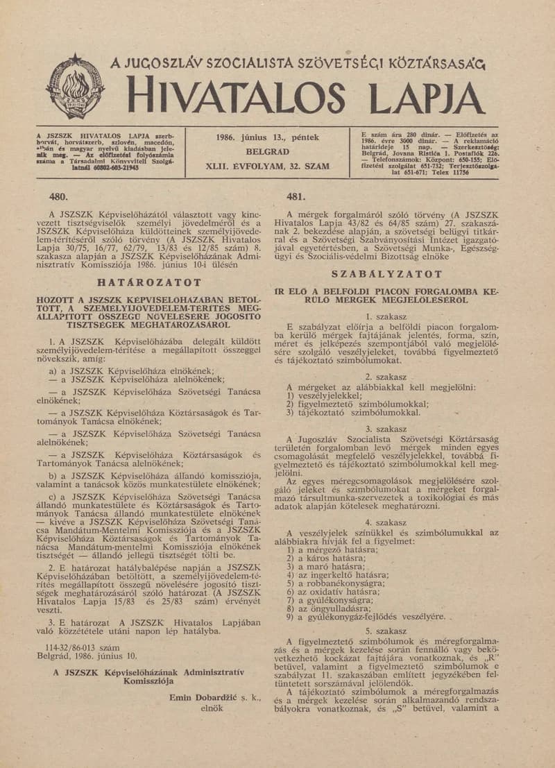 A Jugoszláv Szocialista Szövetségi Köztársaság Hivatalos Lapja, 42. évf. 1986. június 13. 32. sz. 973–1004. oldal