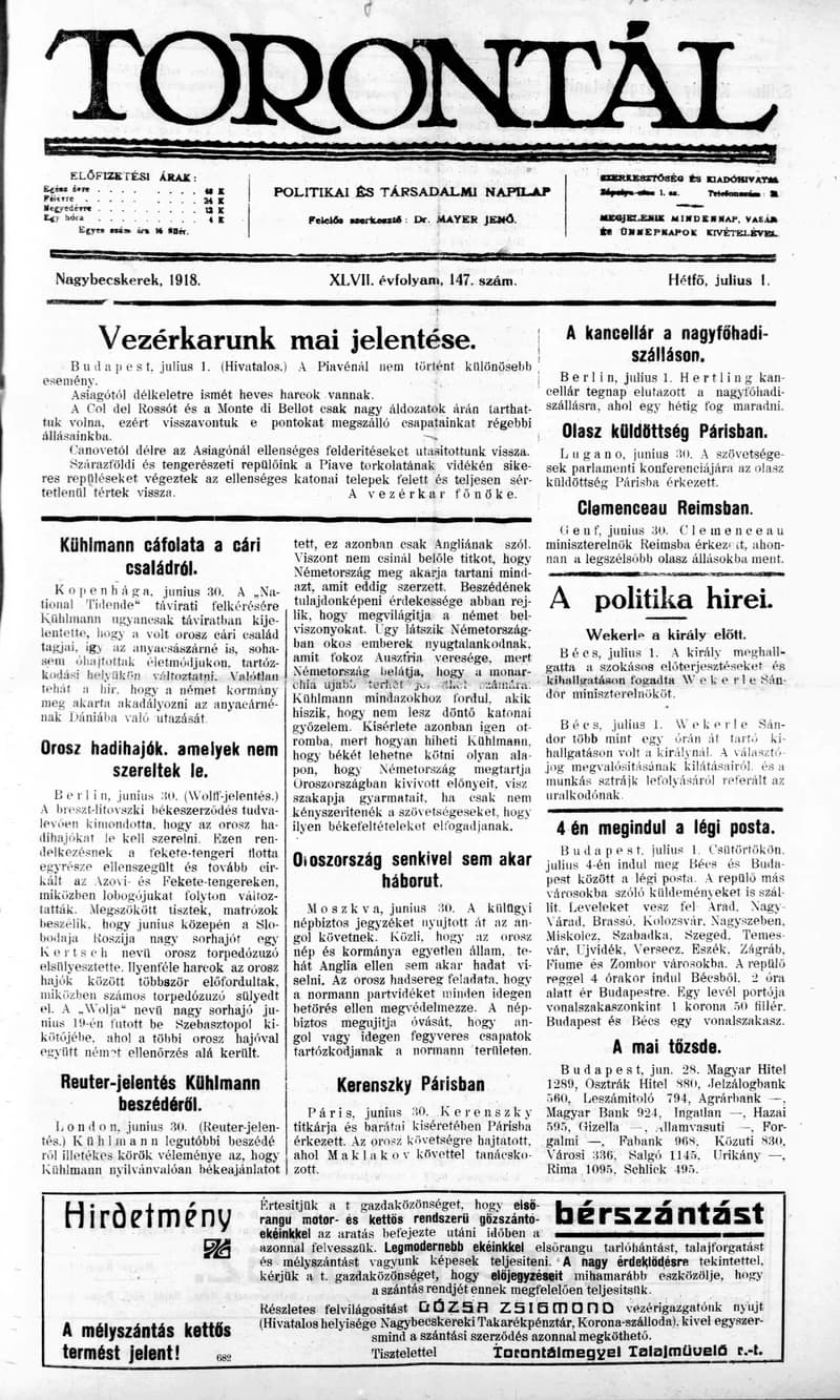 Torontál, 47. évf. 1918. július 1. 147. sz.