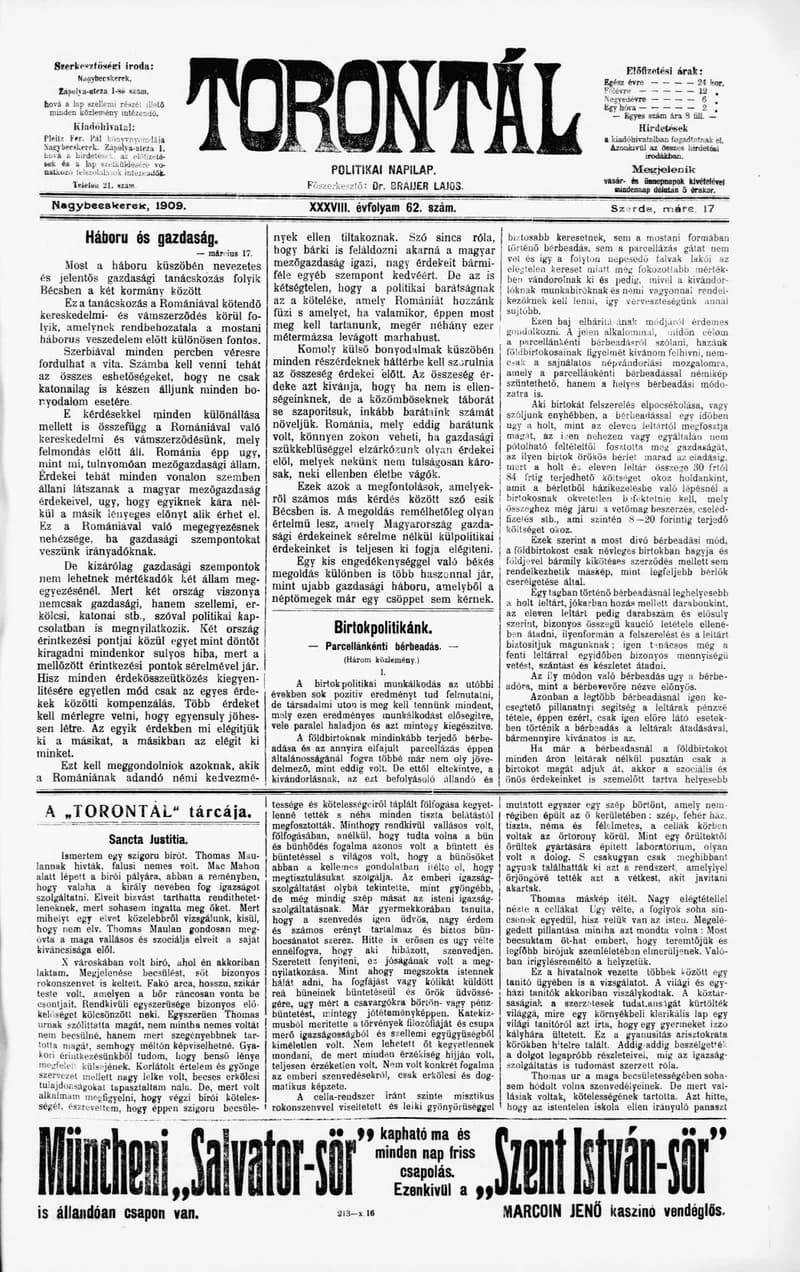 Torontál, 38. évf. 1909. március 17. 62. sz.