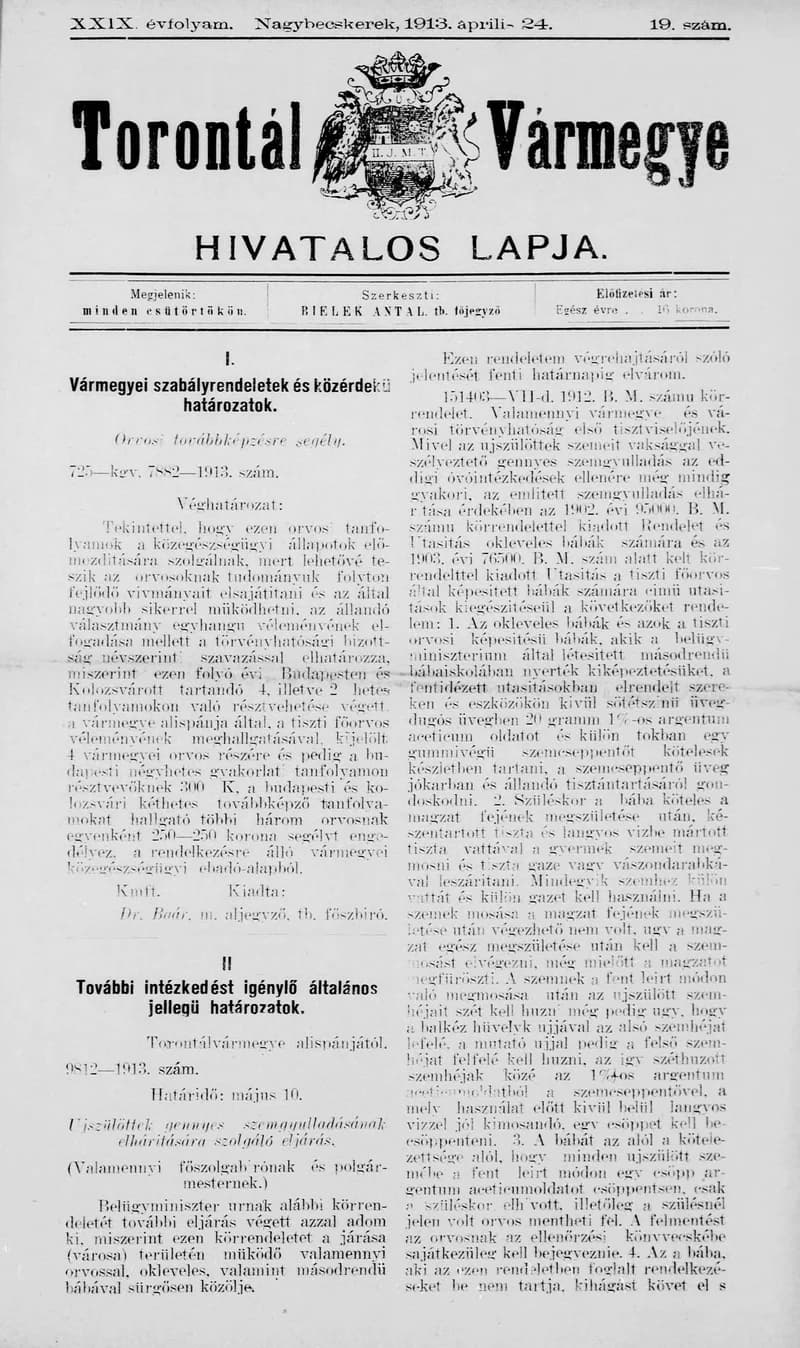 Torontál Vármegye Hivatalos Lapja, 29. évf. 1913. április 24. 19. sz.