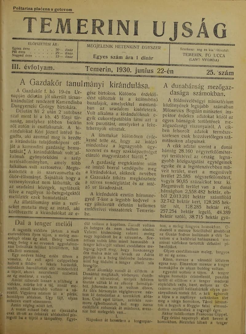 Temerini Újság 1928-1944, 3. évf. 1930. június 22. 25. sz.