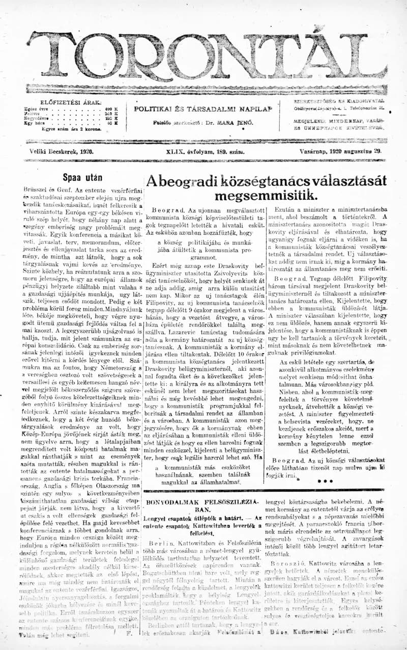 Torontál, 49. évf. 1920. augusztus 29. 189. sz.