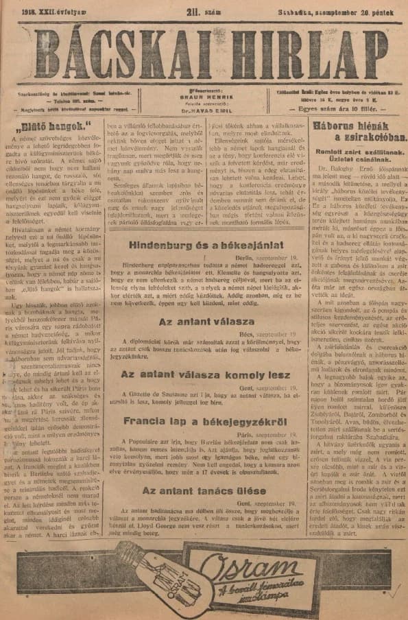 Bácskai Hirlap, 22. évf. 1918. szeptember 20. 211. sz.