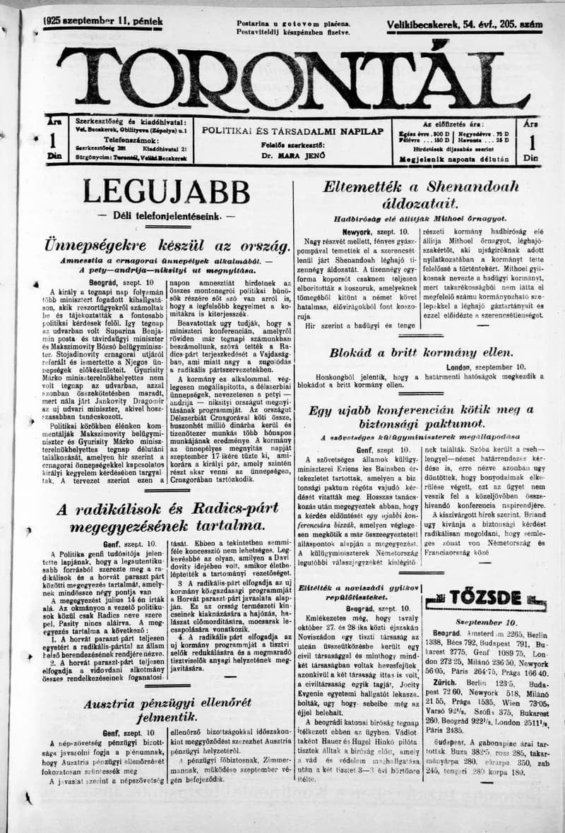 Torontál, 54. évf. 1925. szeptember 11. 205. sz.