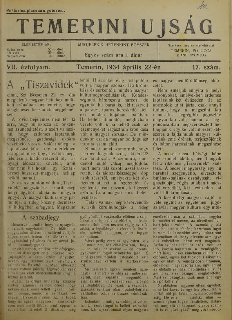 Temerini Újság 1928-1944, 7. évf. 1934. április 22. 17. sz.
