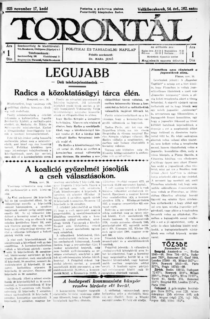 Torontál, 54. évf. 1925. november 17. 262. sz.
