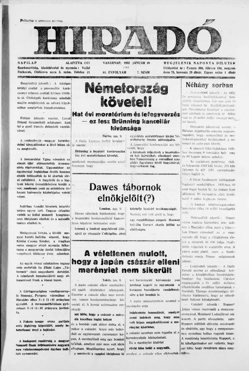Híradó, 61. évf. 1932. január 10. 7. sz.
