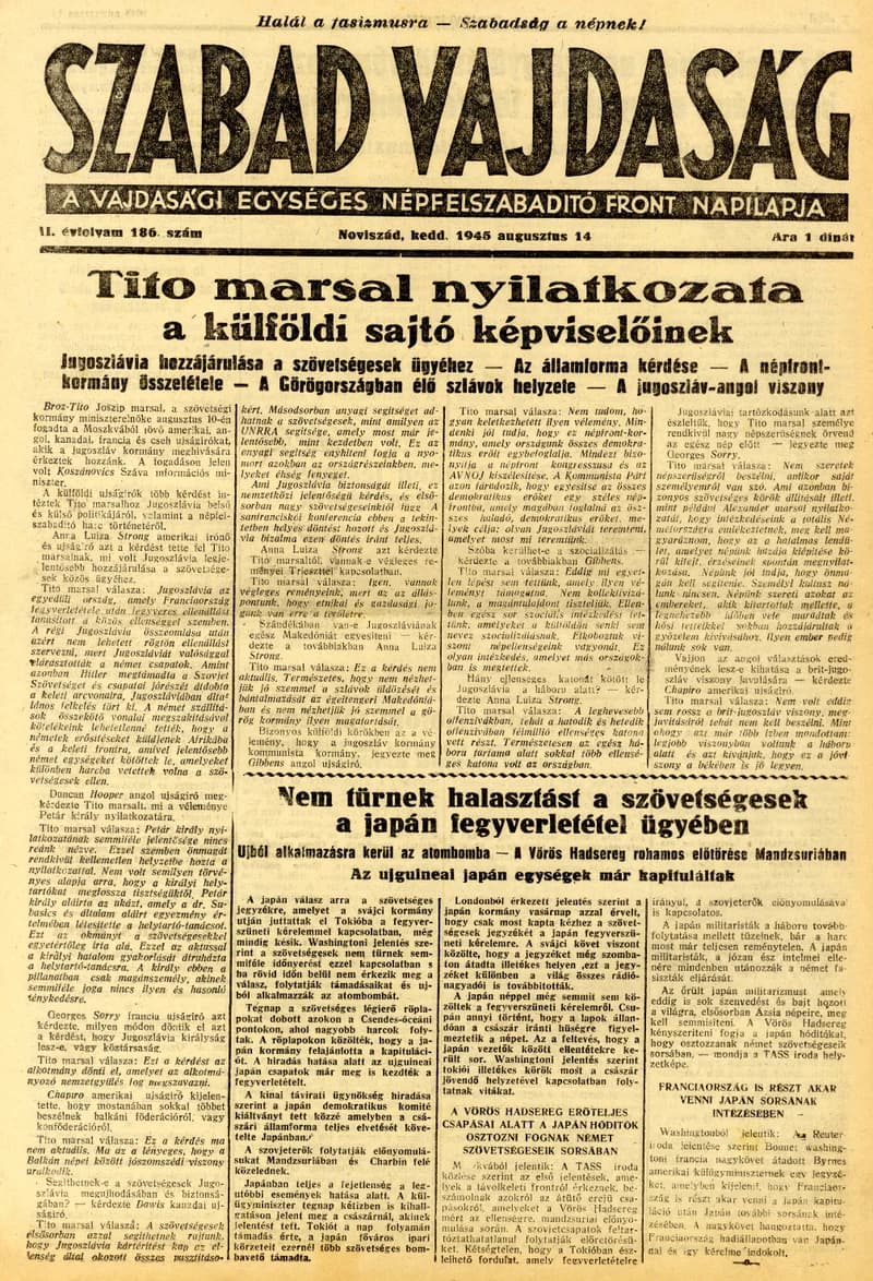 Szabad Vajdaság, 2. évf. 1945. augusztus 14. 186. sz.