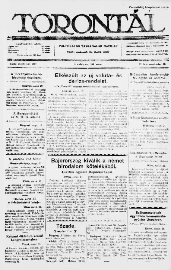 Torontál, 50. évf. 1921. szeptember 23. 208. sz.