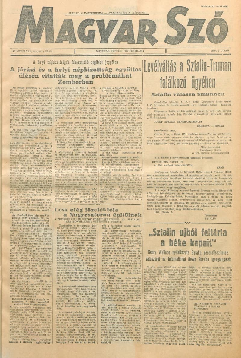 Magyar Szó, 6. évf. 1949. február 4. 29. sz. 1–4. oldal