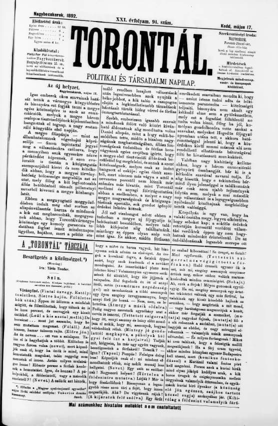 Torontál, 21. évf. 1892. május 17. 94. sz.