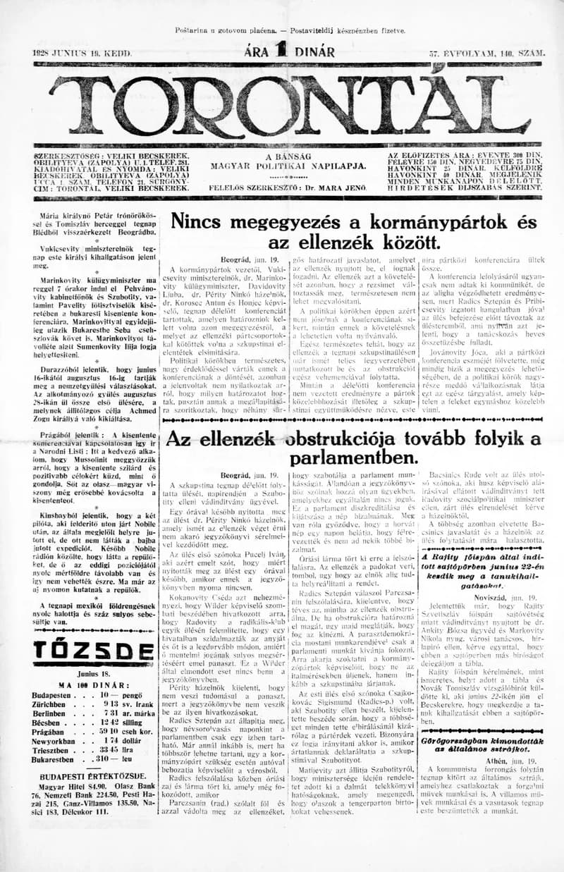 Torontál, 57. évf. 1928. június 19. 140. sz.