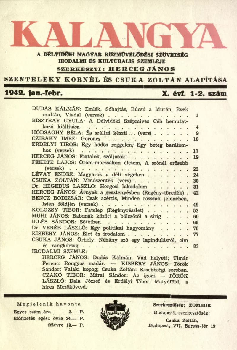 Kalangya, 11. évf. 1942. január – február. 1–2. sz. 1–94. oldal