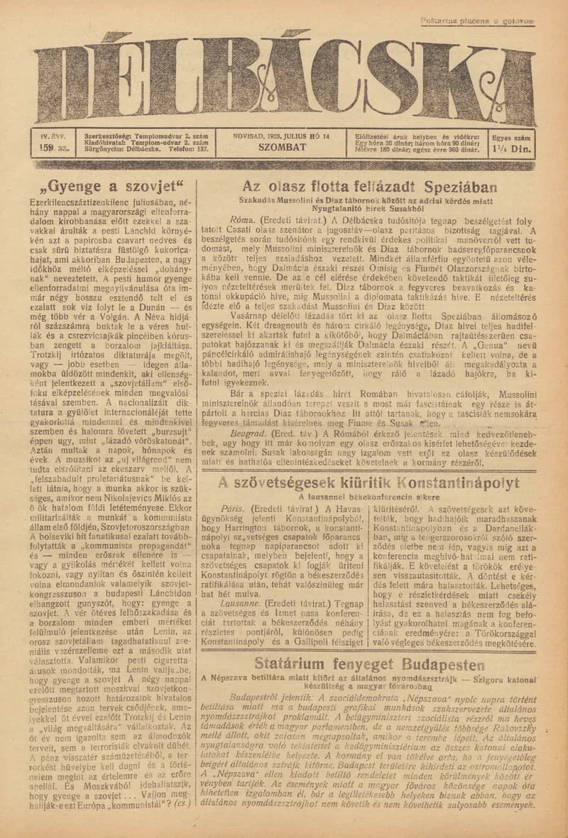 Délbácska, 4. évf. 1923. július 14. 159. sz.