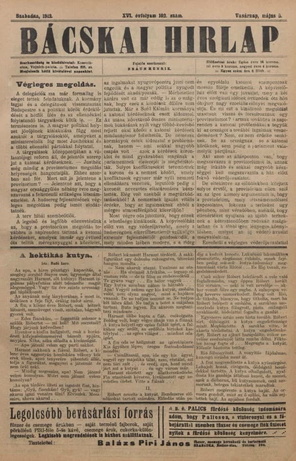 Bácskai Hirlap, 16. évf. 1912. május 5. 102. sz.