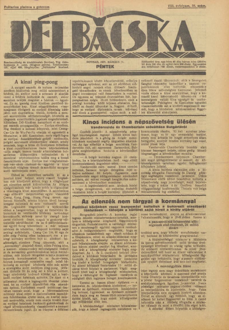 Délbácska, 8. évf. 1927. március 11. 58. sz.