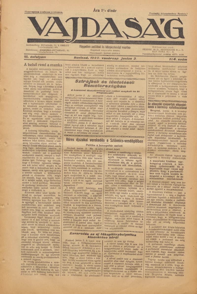 Vajdaság, 3. évf. 1923. június 3. 124. sz.