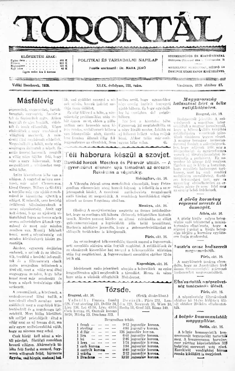 Torontál, 49. évf. 1920. október 17. 231. sz.