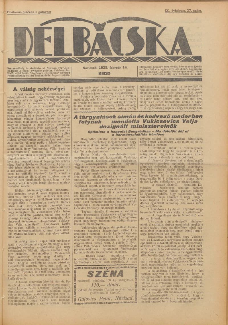 Délbácska, 9. évf. 1928. február 14. 37. sz.