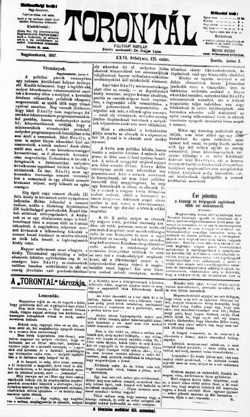 Torontál, 26. évf. 1897. június 2. 125. sz.