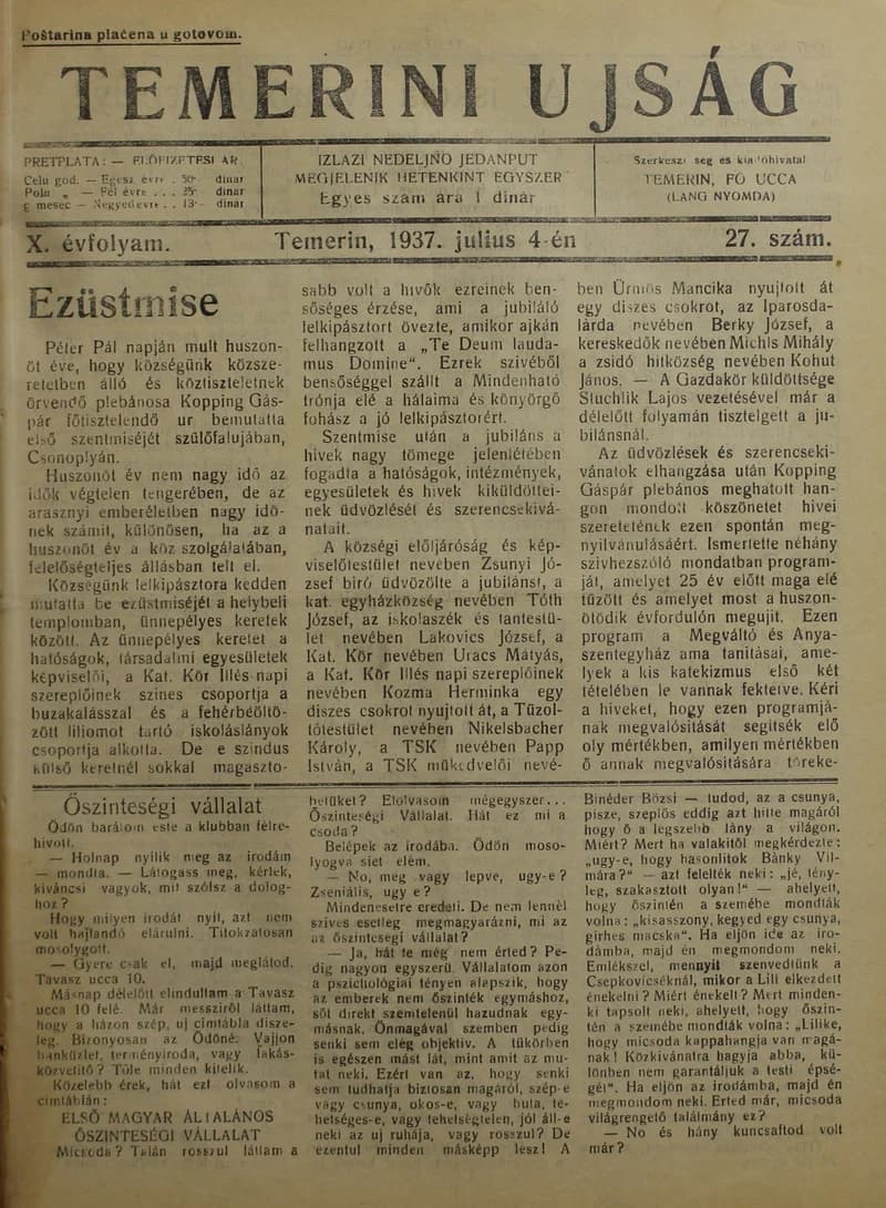 Temerini Újság 1928-1944, 10. évf. 1937. július 4. 27. sz.