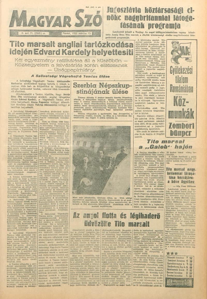 Magyar Szó, 10. évf. 1953. március 13. 71. sz. 1–10. oldal