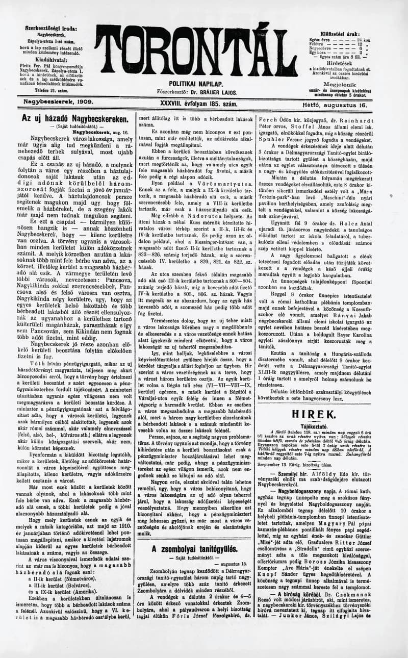 Torontál, 38. évf. 1909. augusztus 16. 185. sz.