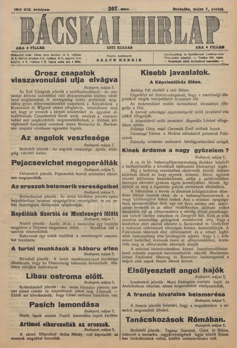Bácskai Hirlap, 19. évf. 1915. május 7. 207. sz.
