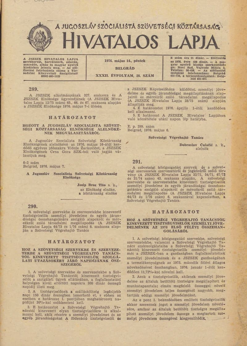 A Jugoszláv Szocialista Szövetségi Köztársaság Hivatalos Lapja, 32. évf. 1976. május 14. 20. sz. 489–524. oldal