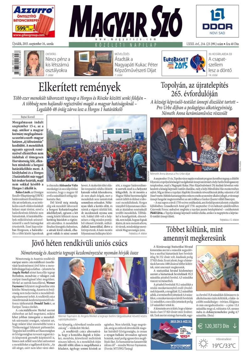 Magyar Szó, 72. évf. 2015. szeptember 16. 214. sz. 1–16. oldal