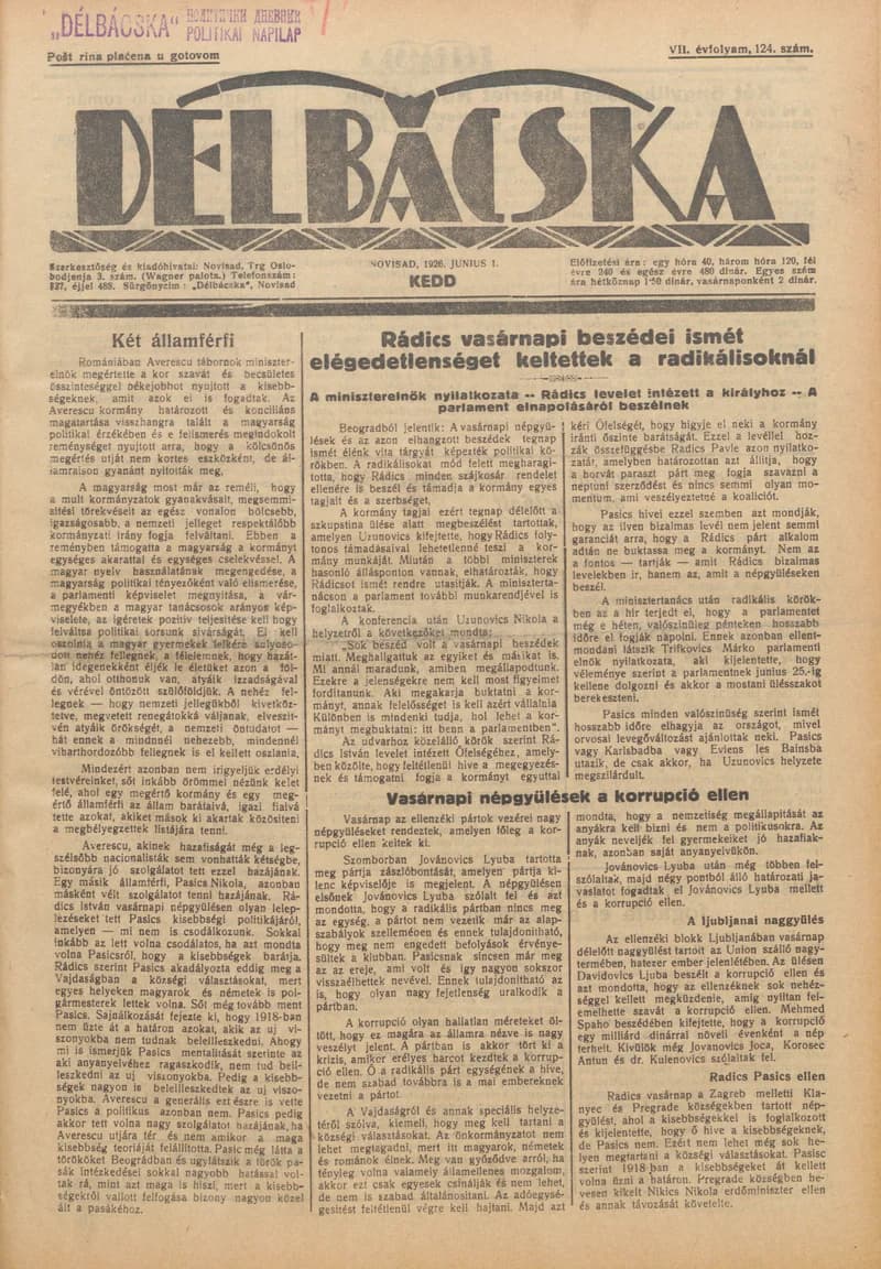 Délbácska, 7. évf. 1926. június 1. 124. sz.