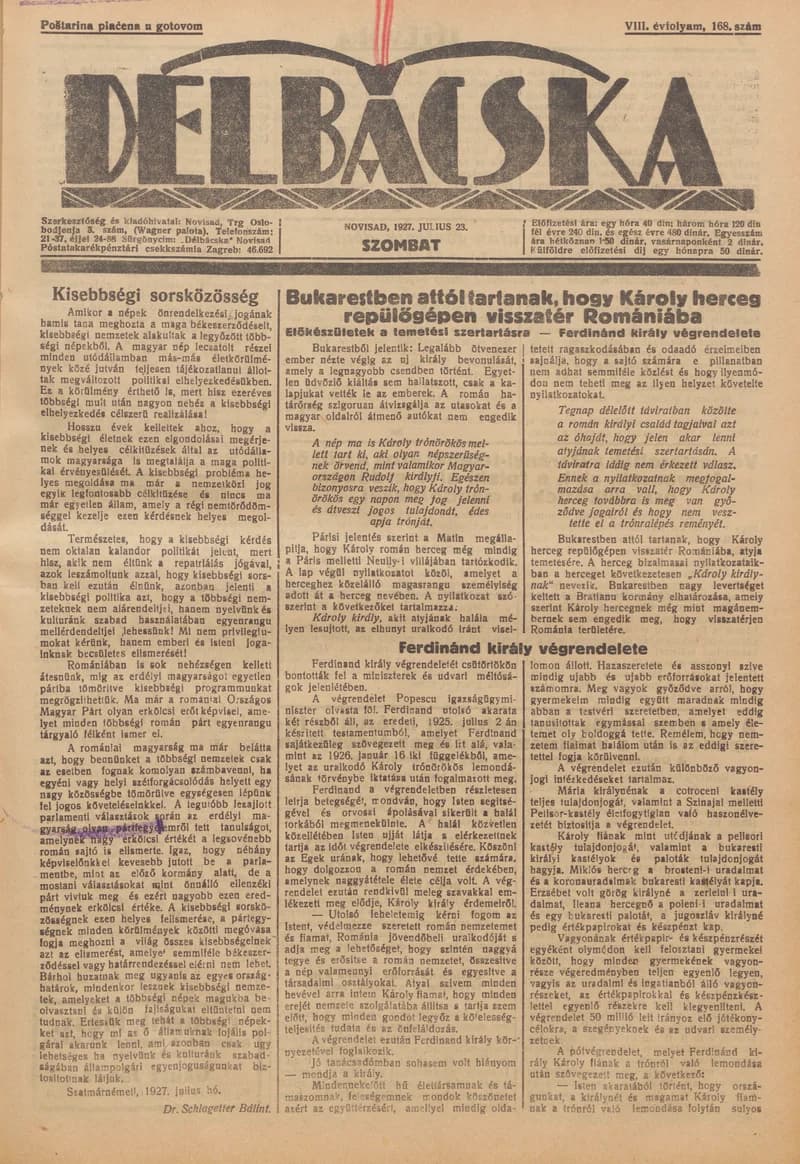 Délbácska, 8. évf. 1927. július 23. 168. sz.