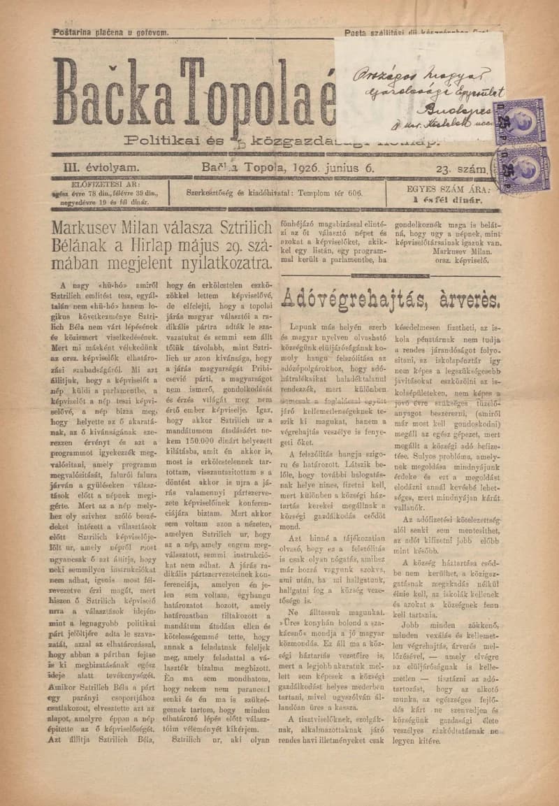 Bačka Topola és Vidéke, 3. évf. 1926. június 6. 23. sz.