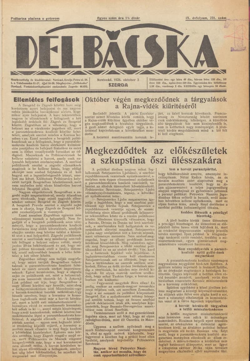 Délbácska, 9. évf. 1928. október 3. 231. sz.