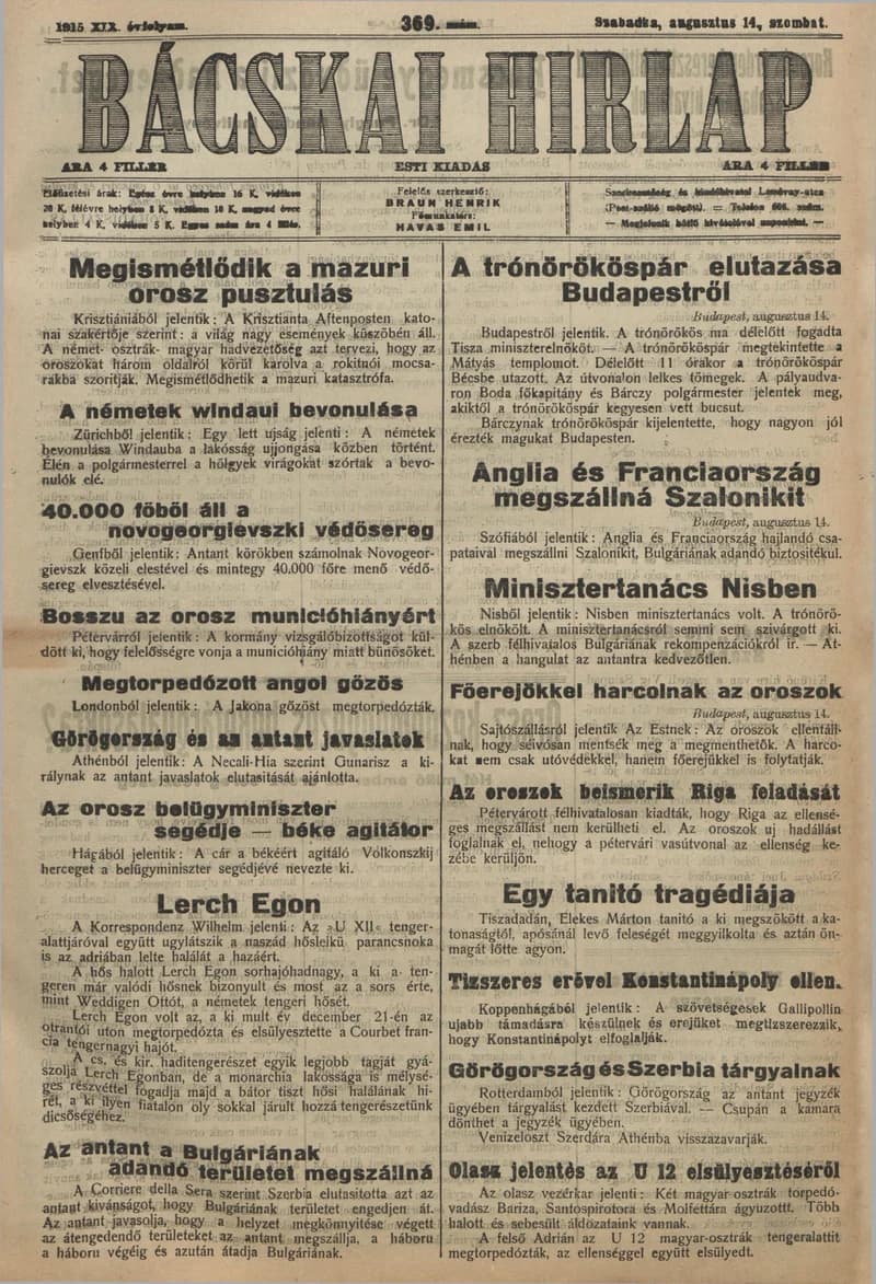 Bácskai Hirlap, 19. évf. 1915. augusztus 14. 369. sz.