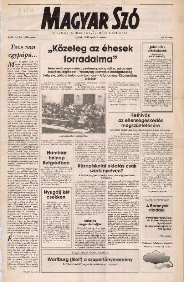 Magyar Szó, 49. évf. 1992. április 1. 90. sz. 1–16. oldal