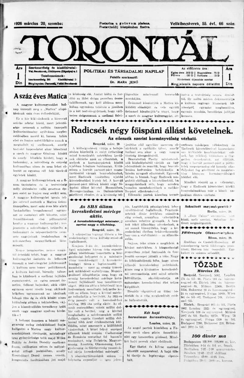 Torontál, 55. évf. 1926. március 20. 66. sz.