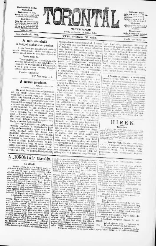 Torontál, 32. évf. 1903. november 16. 261. sz.