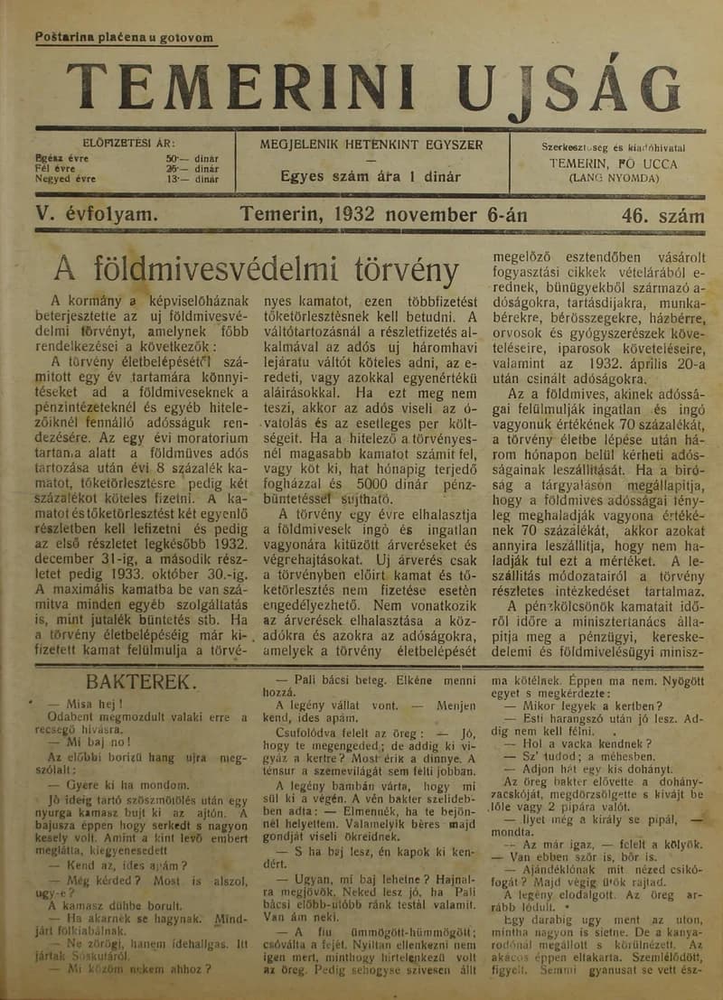 Temerini Újság 1928-1944, 5. évf. 1932. november 6. 46. sz.