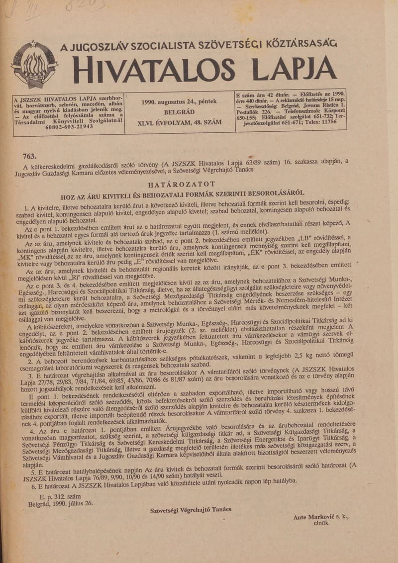 A Jugoszláv Szocialista Szövetségi Köztársaság Hivatalos Lapja, 46. évf. 1990. augusztus 24. 48. sz. 1385–1624. oldal