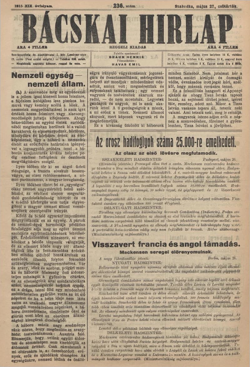 Bácskai Hirlap, 19. évf. 1915. május 27. 236. sz.